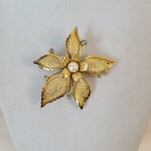 Vintage 60's Gold Faux Pearl Clear Rhinestone Metal Flower Shaped Hair Clip